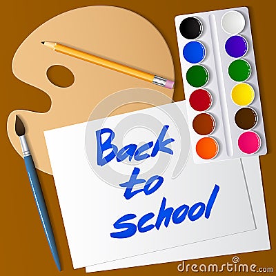 Back to school. Set of tools for drawing. Watercolor paint, brush, pencil, palette, paper. Vector Cartoon Illustration