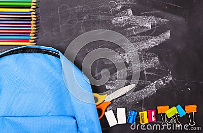 Back to school shopping backpack, The Accessories in student blue bag on blackboard Stock Photo