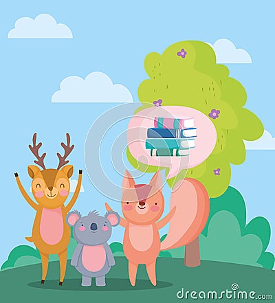 Back to school, squirrel koala deer books bubble tree outdoor cartoon Vector Illustration