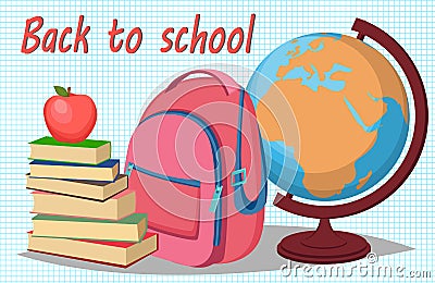 Back to school. Stack of books with apple on top, backpack and g Vector Illustration