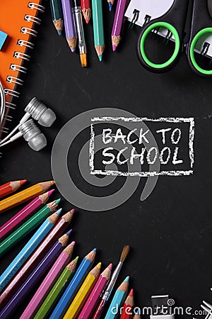 Back To School, stationeries on blackboard Stock Photo