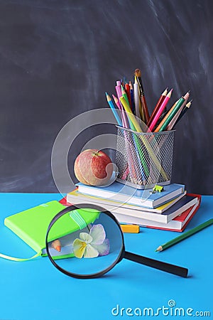 Back to school, stationery, magnifying glass, stack of books, apple on the table, home learning concept Stock Photo