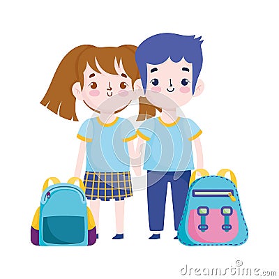 Back to school, student boy and girl backpacks elementary education cartoon Vector Illustration