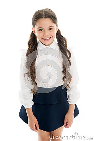 Back to school. Student little kid adores school. Pupil of first grade. Smiling schoolgirl. Celebrate knowledge day Stock Photo
