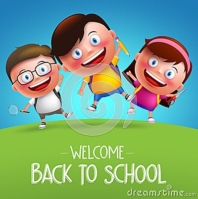 Back to school students vector characters funny boys and girls kids jumping Vector Illustration