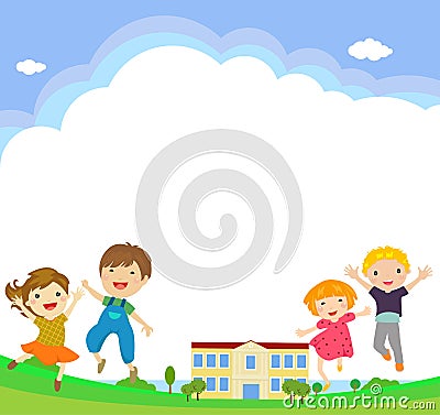 Back to school students vector characters funny boys and girls kids jumping Vector Illustration