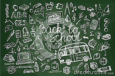 Back to School Supplies Sketchy chalkboard. Vector Illustration