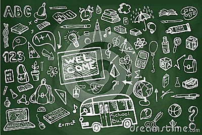 Back to School Supplies Sketchy chalkboard Doodles Vector Illustration