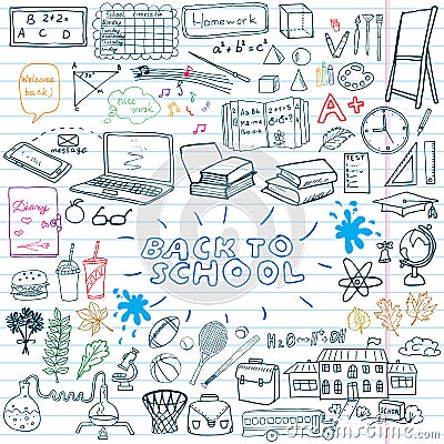 Back to School Supplies Sketchy Notebook Doodles set with Lettering, Hand-Drawn Vector Illustration Design Elements on Lined Vector Illustration