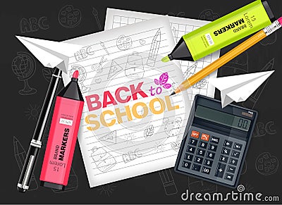 Back to School supplies Vector realistic. Calculator, note book, markers and pencil. Detailed 3d illustrations Cartoon Illustration