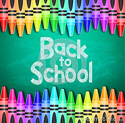 Back to School Text on Green Chalkboard Background with Different Colored Crayons Vector Illustration