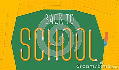 Back to school, the text in pencil style. School concept. Orange sheets of paper on a green board Vector Illustration