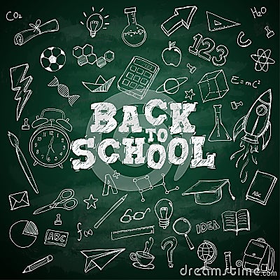 Back to School Text School Stationary Doodles on Blackboard Vector Illustration