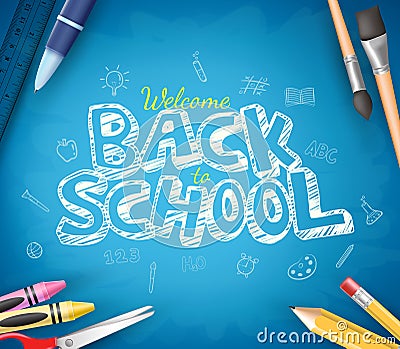 Back to School Text Written in Blue Chalkboard Background Vector Illustration