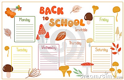 Back to School timetable decorated with autumn elements blank template to fill in with subjects vector illustration Vector Illustration