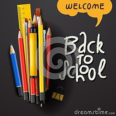 Back to school title words with realistic school items with colored pencils, pen and ruler in a black texture background Vector Illustration