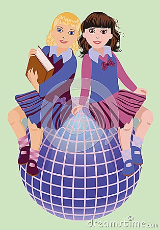 Back to School. Two cute schoolgirls with book and globe Vector Illustration