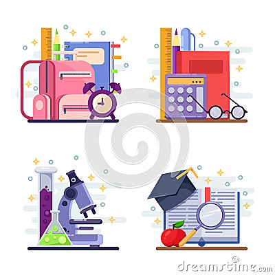 Back to school vector abstract flat illustration. Education and study icons, labels, stickers and design elements Vector Illustration