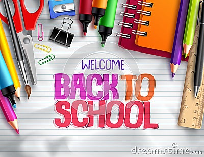 Back to school vector background design with school elements, colorful education supplies Vector Illustration