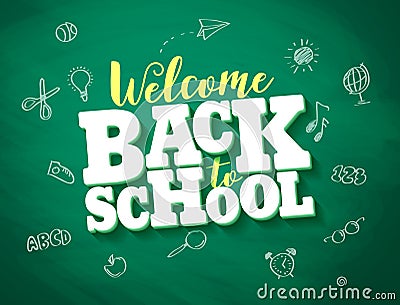 Back to school vector banner design with 3d title and drawings Vector Illustration