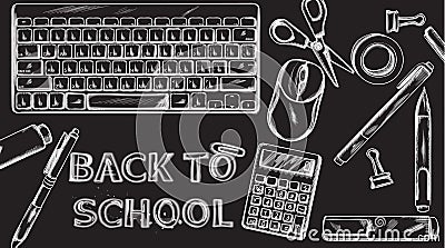 Back to school Vector banner. Sale school supplies promotion advertise poster. Chalk outline drawing textures Vector Illustration