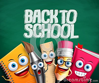 Back to school vector banner with school characters in green background Vector Illustration