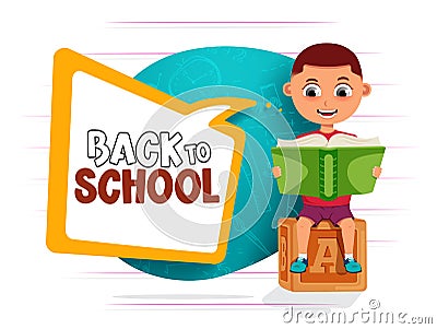 Back to school vector concept design. Back to school text with male kid reading and sitting with book and block learning element. Vector Illustration