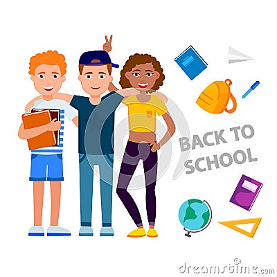 Back to school vector concept illustration with cheerful children cartoon characters gathering isolated on white Vector Illustration