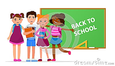 Back to school vector concept illustration with cheerful children cartoon characters gathering near green board isolated Vector Illustration