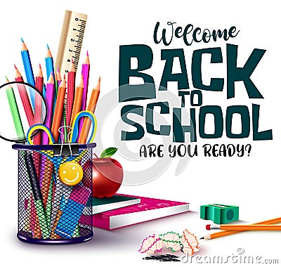 Back to school vector design. Welcome back to school text with student supplies like color pencil, scissor and magnifying glass el Vector Illustration