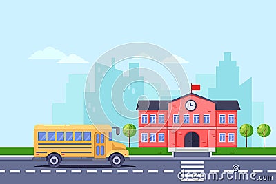 Back to school, vector flat illustration. School building and yellow bus on road. Education background Vector Illustration