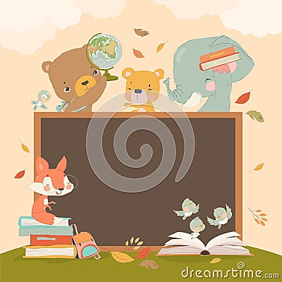 Cartoon Animal Characters holding Schoolbags and Globe learning, reading Book or Textbook, sitting next to Class Vector Illustration