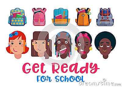 Back to School vector illustration. Childrens heads ready to school with colorful backpack. New school backpacks and Vector Illustration