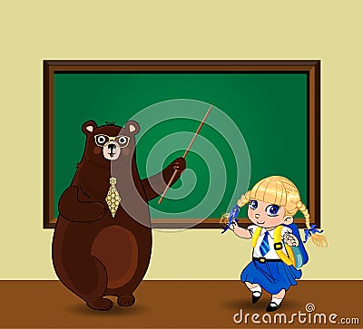 Cute cartoon bear teacher and kawaii schoolgirl near blackboard with copy space in classroom Vector Illustration