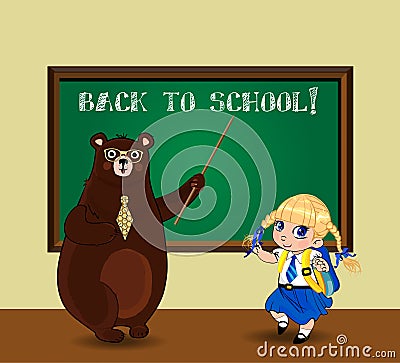 Cute cartoon bear teacher and kawaii schoolgirl near blackboard in classroom Vector Illustration