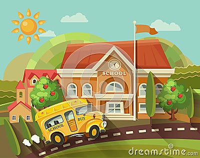 Back to school vector illustration. School building with yellow school bus Vector Illustration