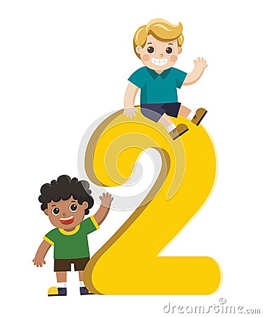 School kids and colorful number two. Vector Illustration