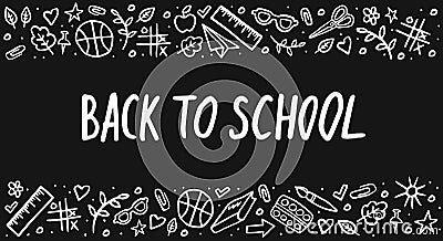 Back to school Vector Lettering and hand-drawn chemistry elements. Template frame on black background. Vector chalck Vector Illustration