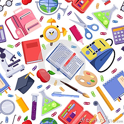 Back to school vector seamless pattern. Colorful education stationery supplies and tools. Fashion print background Vector Illustration