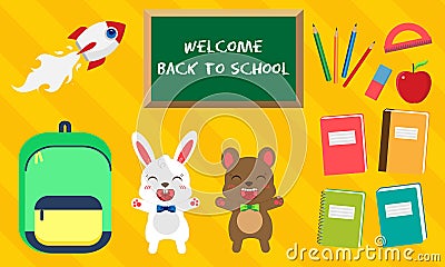 Back to school. Vector set of education icons in kawaii style. Bunny and bear with bow tie, green bag, book, pen, apple Vector Illustration