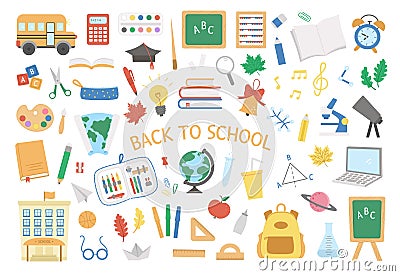 Back to school vector set of elements. Big educational clipart collection. Cute flat style classroom objects with supplies, school Vector Illustration