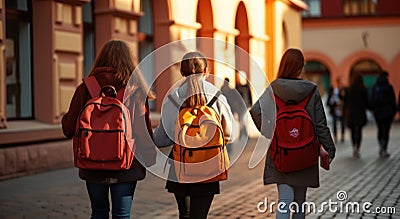 Back to school. Back view of group of girls with backpacks walking on the street Stock Photo