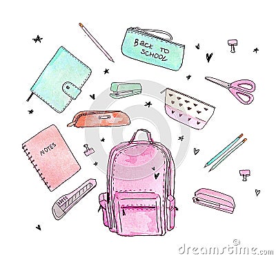 Back to school. Watercolor illustration. Stationery and school stuff. Cartoon Illustration
