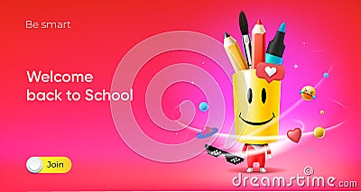 Back to School web banner with different pencils in holder and social media icons. Creative educational poster, ad Vector Illustration
