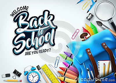 Back to School In White Background Banner with Blue Backpack and School Supplies Vector Illustration