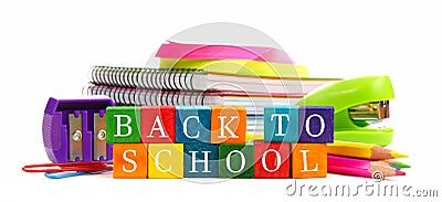 Back to School wooden toy blocks with school supplies Stock Photo