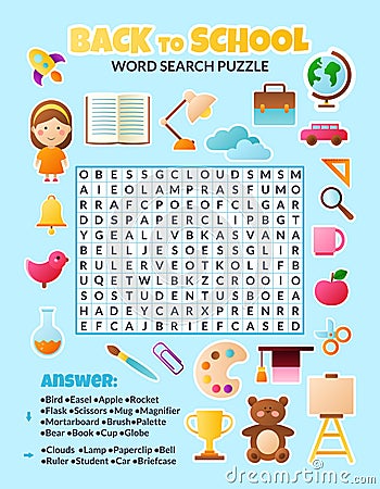 Back to school word search puzzle for kids. Vector Vector Illustration