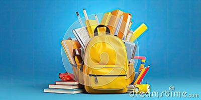 Back to school. Yellow backpack with books and school stuff on blue background Stock Photo