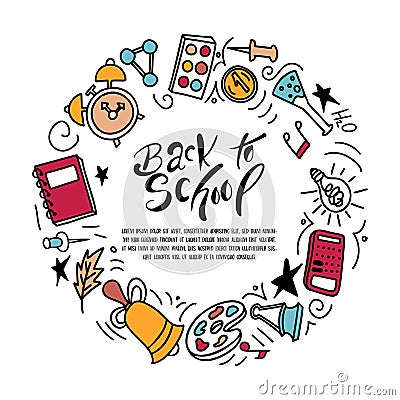 Back to shool design elements. Hand drawn clipart with supplies. Doodle vector illustration Vector Illustration