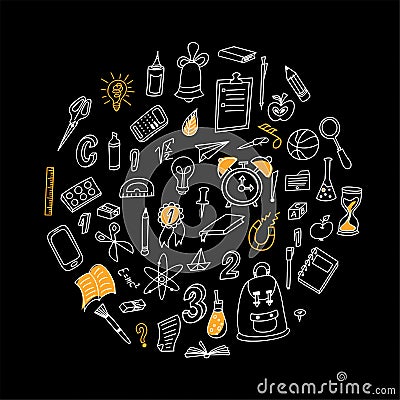 Back to shool design elements. Hand drawn clipart with supplies. Doodle vector illustration. Round composition Vector Illustration